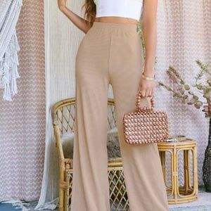 SHEIN Solid Rib-Knit Wide Leg Pants Khaki Size 8/10